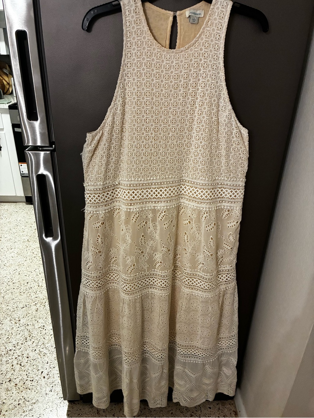 Sundance Ivory Crochet Lace Maxi Dress Boho L Tiered Lined Prom Fairy Romantic